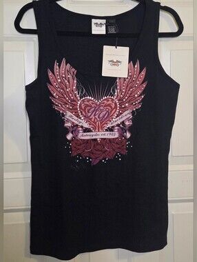 NWT Harley-Davidson - Black Tank with Pink Winged Heart Graphic And Bling
